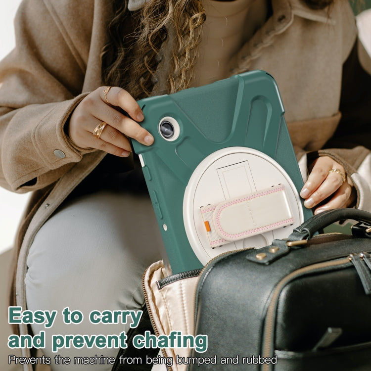 Samsung Galaxy Tab A9+ case featuring a rotary handle, pen slot, and shoulder strap, made from durable TPU and PC materials.